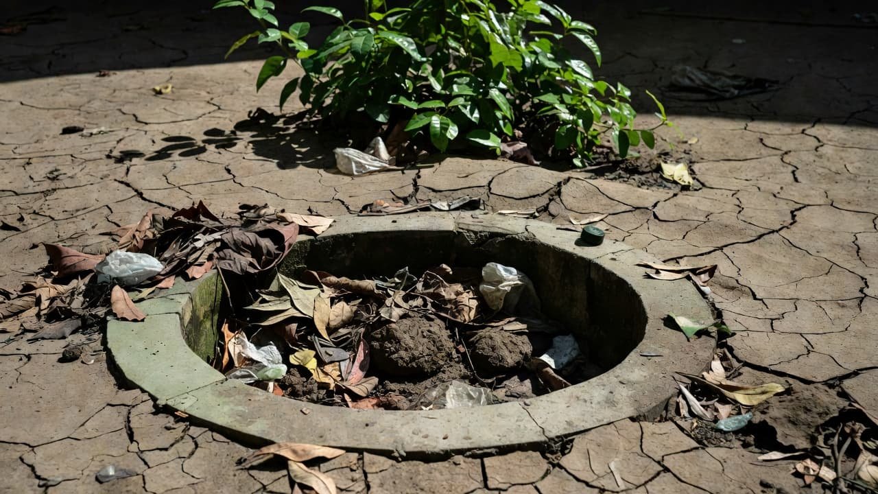 A circular rainwater pit sits in a dry Indian courtyard, choked by layers of damp leaves, mud, and scattered plastic debris. Deep shadows emphasize the cracked ground and neglected surrounding infrastructure.