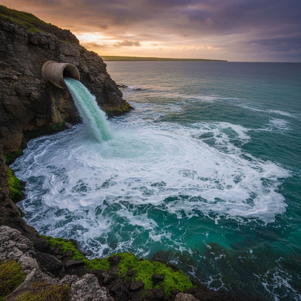 A metal pipe extends from the rocky shore, pouring concentrated liquid into the ocean. The discharge creates a turbulent patch of discolored water that contrasts sharply with the deep blue sea.