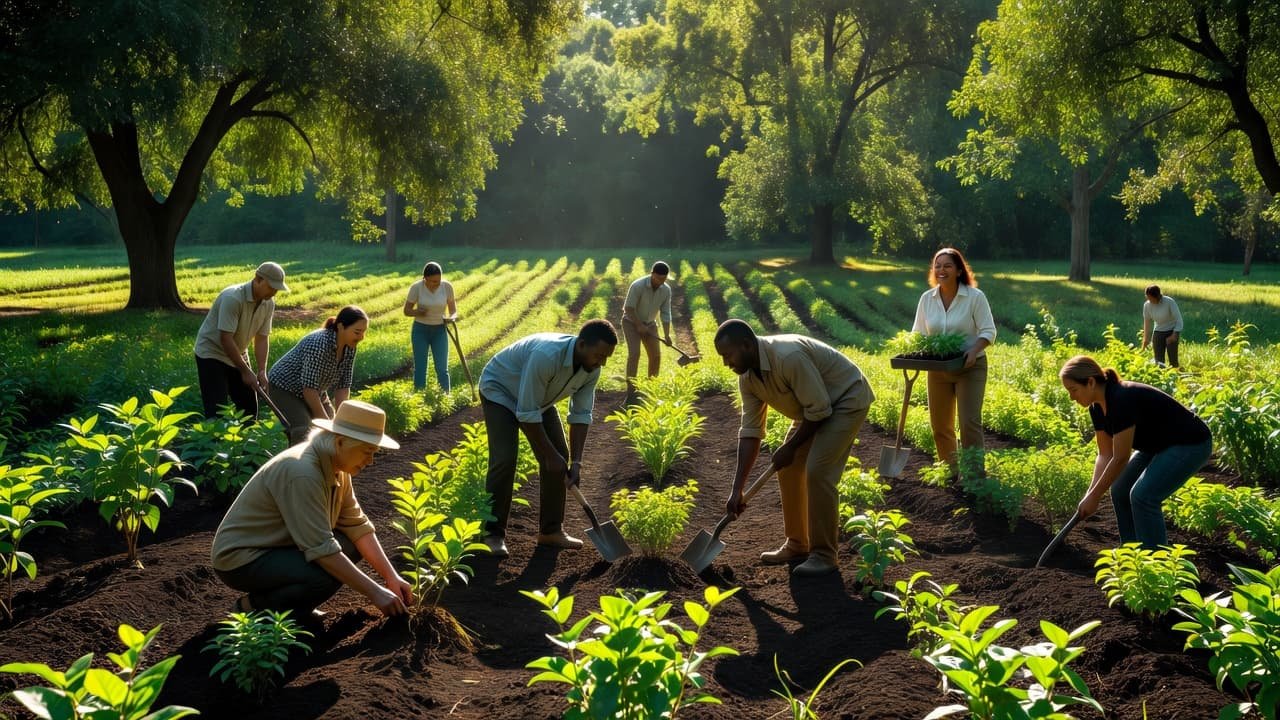 A group of diverse individuals works collaboratively in a fertile field to plant small green shrubs. Sunlight filters through overhead trees, casting dappled light across the vibrant, soil-rich landscape and foliage.