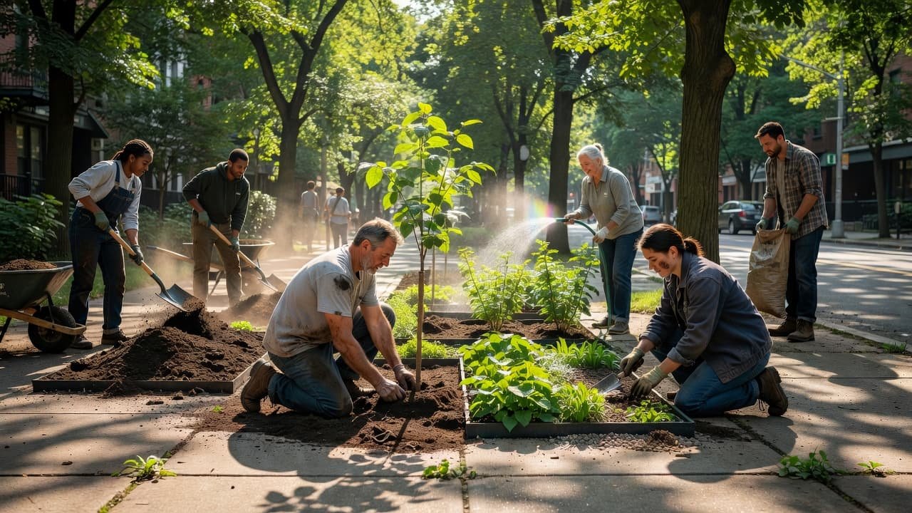 Diverse neighbors collaborate to plant trees and construct permeable garden beds along a city sidewalk. The scene emphasizes hands working in rich soil while sunlight filters through the overhead leafy canopy.
