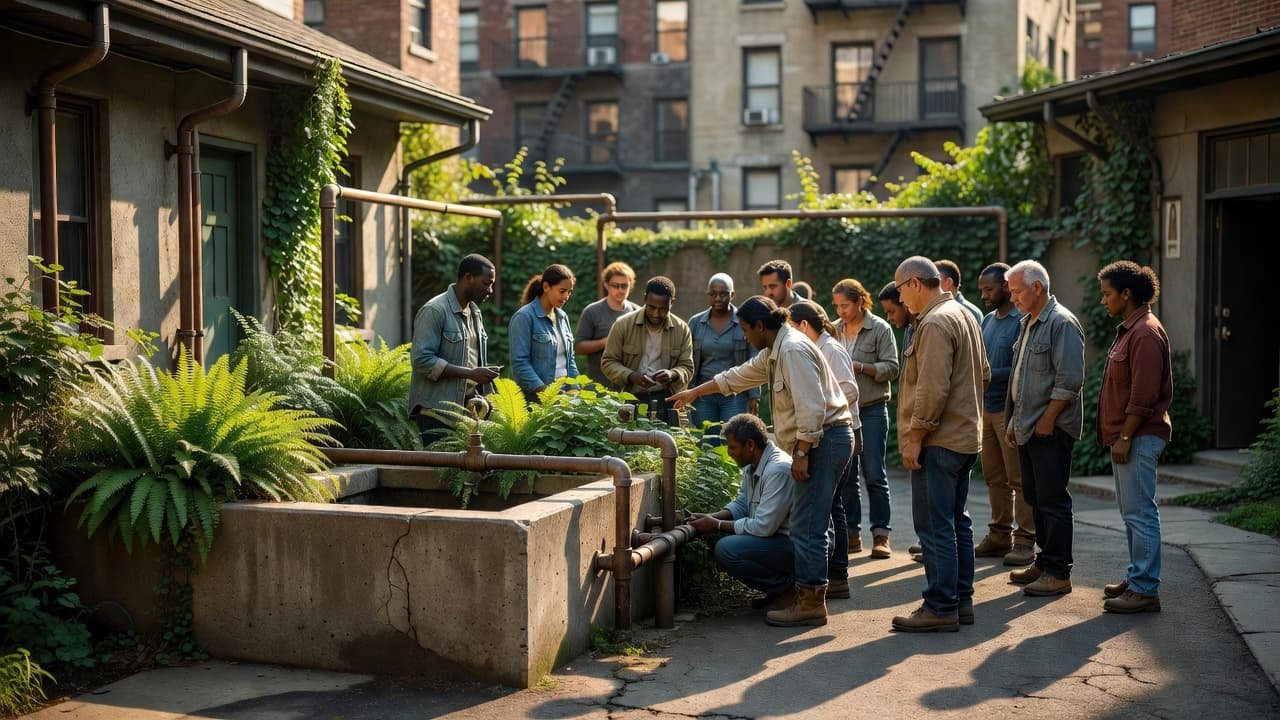 Diverse community members gather around a small, well-tended water collection area in a city garden. The group observes the infrastructure closely under warm sunlight, highlighting a shared commitment to local conservation.