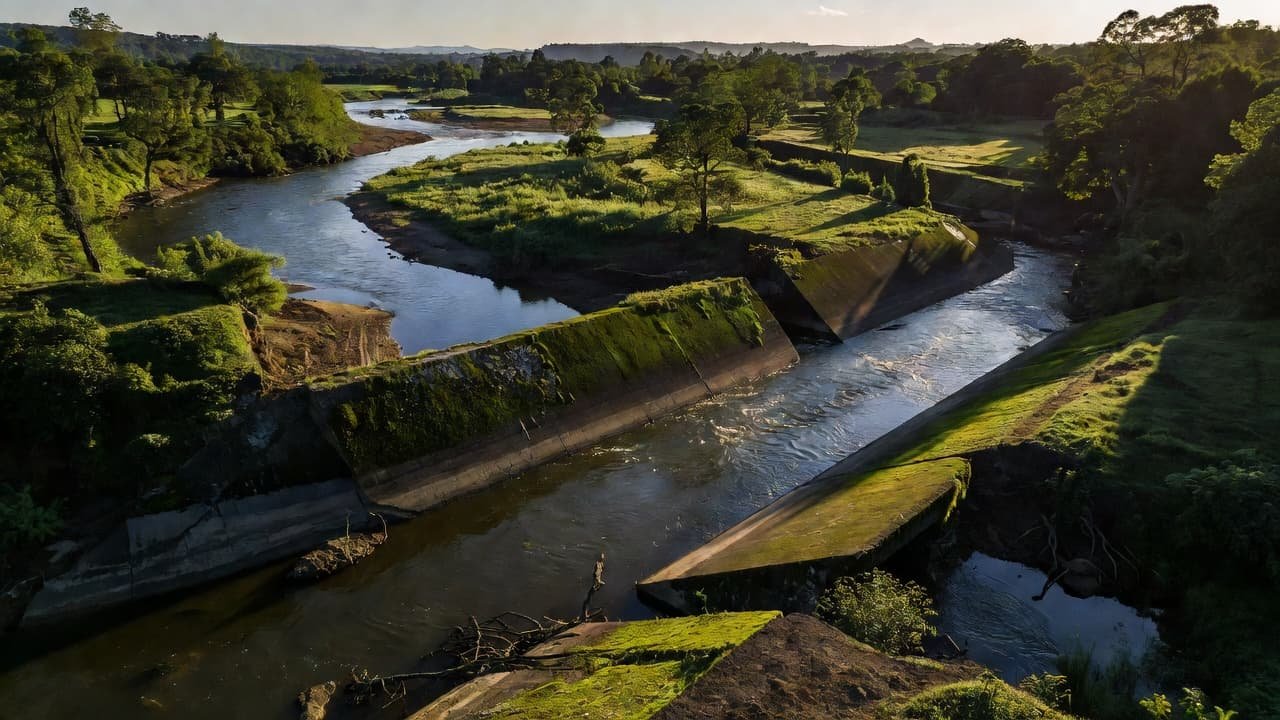 A rugged river flows through a lush green valley, abruptly interrupted by a sharp concrete canal structure. Stark lighting emphasizes the harsh contrast between the wild water and industrial engineering.