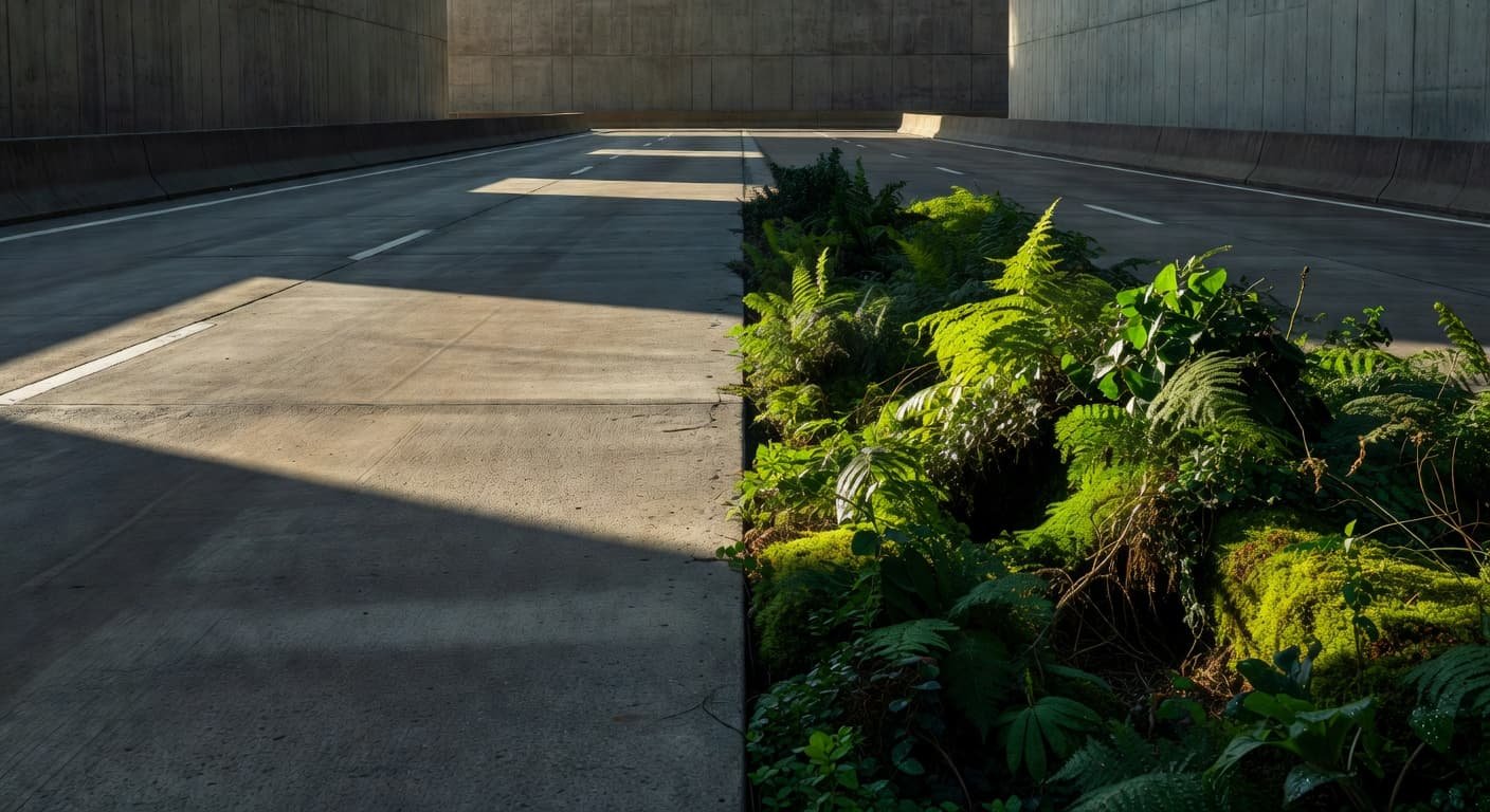 A stark, grey concrete highway occupies the left side of the frame, contrasting sharply with a dense, vibrant patch of lush vegetation on the right. Dramatic shadows highlight the intense textures.