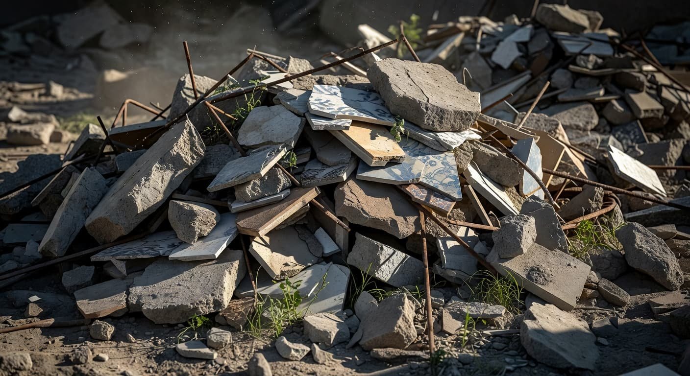 Fragmented concrete blocks and rusted steel rebar lay scattered across a dusty construction site floor. A small green plant sprouts from the rubble, highlighting the complexity of waste sorting processes.