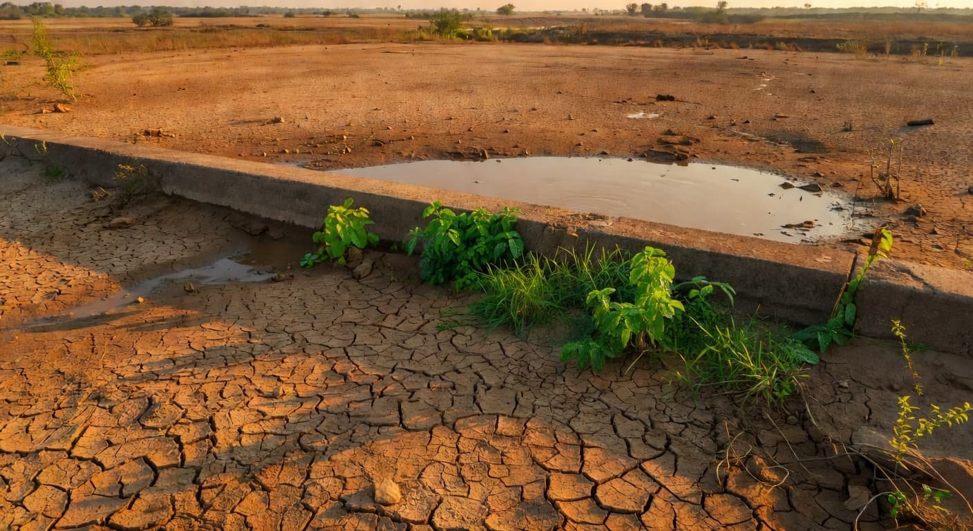 A dry, parched seasonal riverbed in India features a concrete check dam wall. Stagnant muddy water rests behind the structure, while vibrant green plants cling to the stones under sunset light.