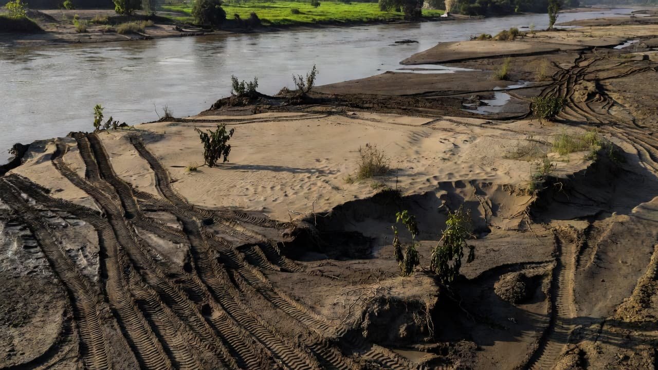Heavy machinery tread marks scar the dry riverbank where exposed sand beds meet murky brown water. Sparse, struggling vegetation clings to the eroded soil under dramatic, high-contrast natural lighting conditions.