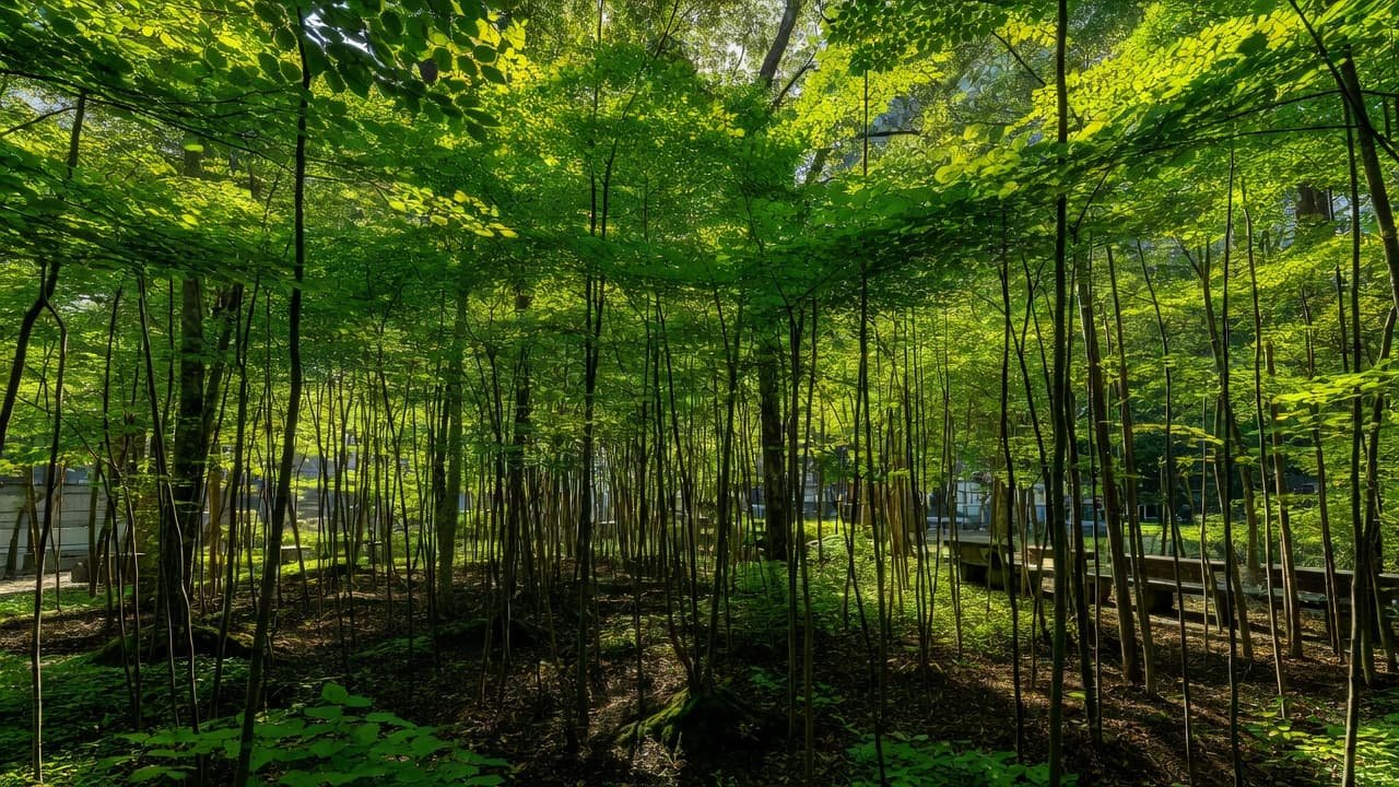 Rows of tightly packed young saplings create a thick canopy within a city park. Strong sunlight filters through the lush green leaves, highlighting the dense texture and growth of the plantation.