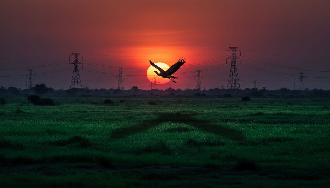 A large bird silhouette glides low over vibrant green desert grasses at dusk. In the distance, multiple high-tension electrical cables stretch across the horizon beneath a dramatic and colorful sunset sky.