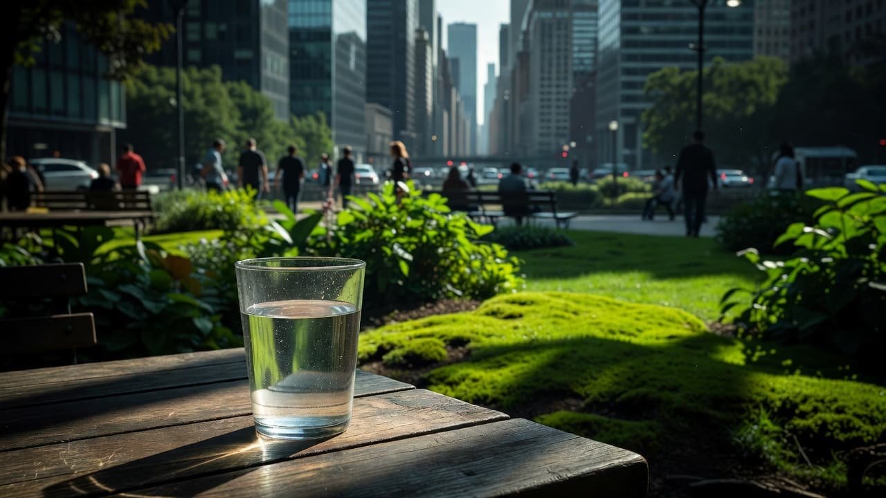 A glass of clean water sits prominently on a weathered wooden table outdoors. In the background, the blurred silhouettes of city buildings create a stark contrast to the nearby park greenery.