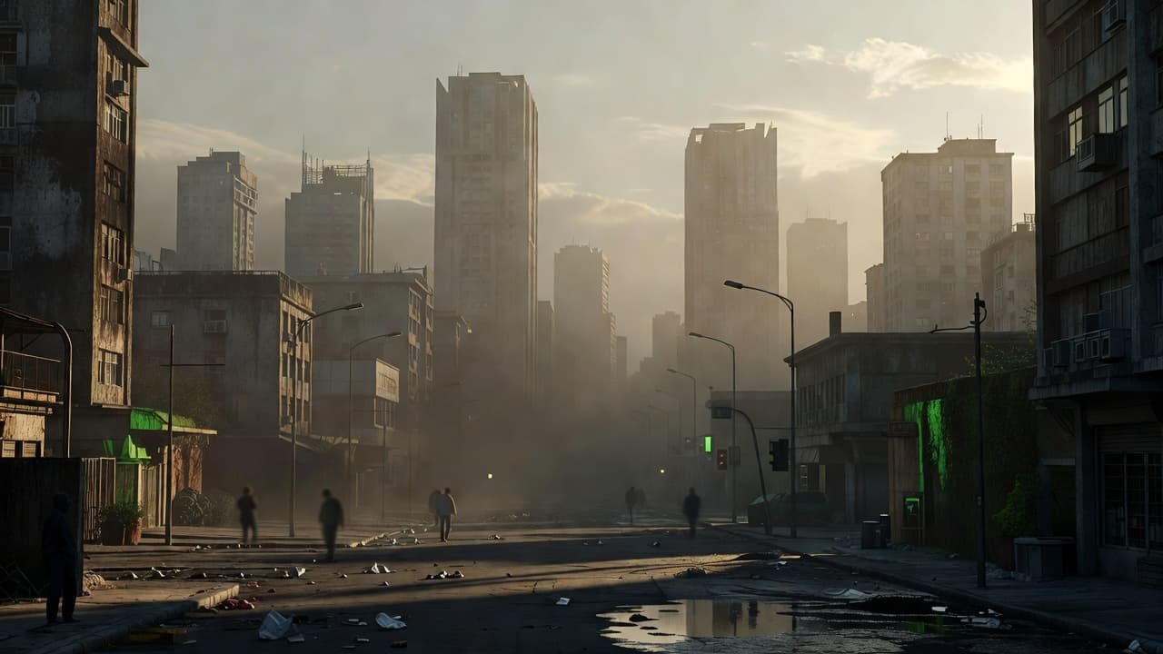 Thick urban smog swirls between towering concrete buildings under a faint morning light. A desolate street-level perspective highlights sharp shadows and subtle green accents amidst the dense and polluted atmosphere.