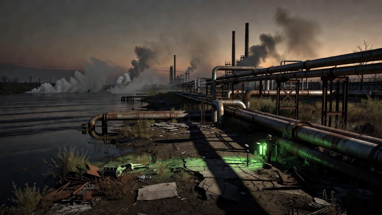 Complex metal pipes loom over a murky riverbank while thick smoke drifts into the dusky sky. Sharp green artificial lights cut through the gloom, casting long shadows across the oily surface.