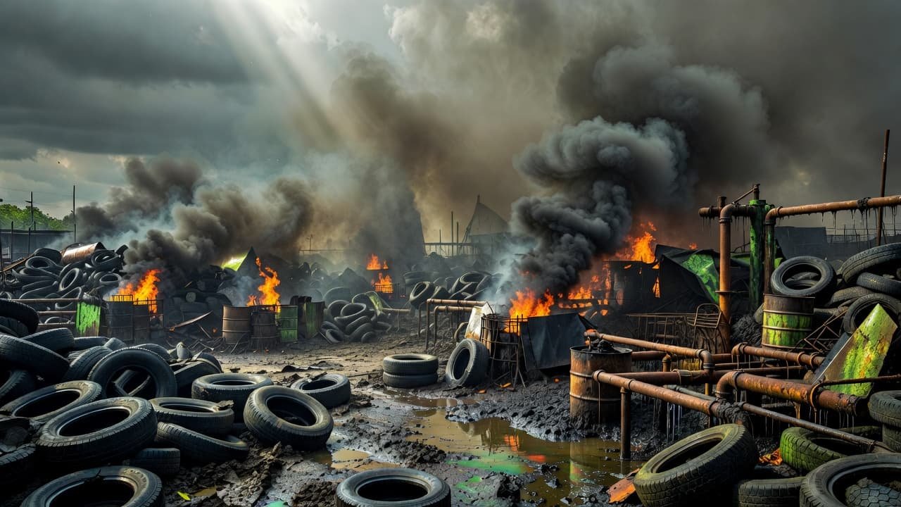Black smoke billows from messy outdoor furnaces into a gloomy sky above a field of discarded tires. Rusted, leaking industrial pipes crisscross the muddy ground covered in thick, dark oily patches.