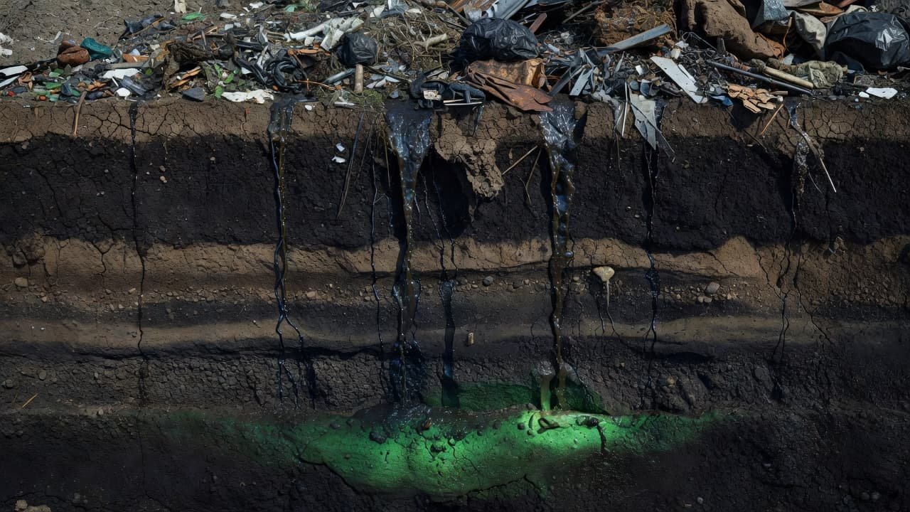 A cross-section view displays a surface landfill with dark toxic liquid filtering down through brown earth layers. Below, a vibrant green water table shows the clear impact of underground seepage.