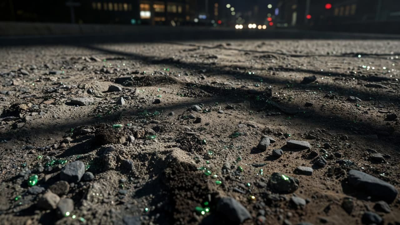 A close-up view reveals jagged asphalt shards covered in fine grey soot and tiny metallic fragments. Blurred city lights twinkle in the distant, out-of-focus background behind the gritty road surface.
