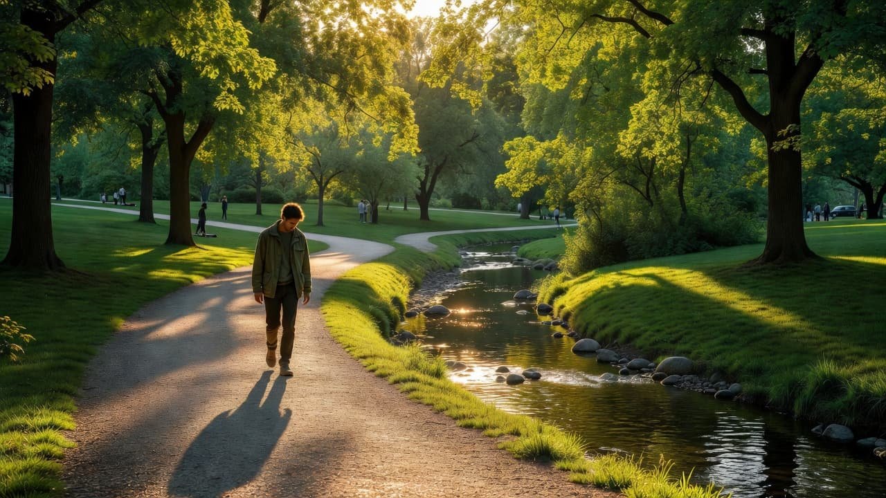A person strolls along a paved pathway beside a sparkling clear stream in a lush city park. Golden hour sunlight illuminates the vibrant green foliage and casts long, deep shadows.