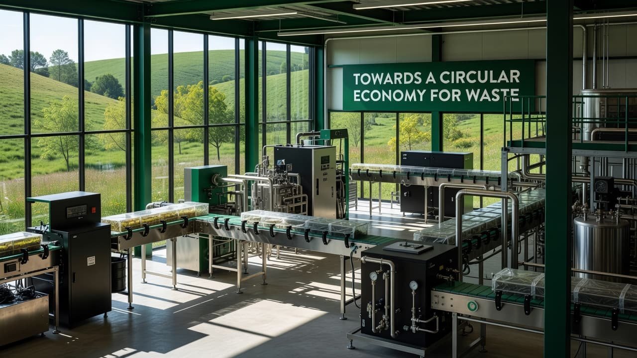 Mechanical components of a circular waste facility shine under sunlight, contrasted against deep green accents. A lush, rehabilitated natural area is softly visible through the structural framework of the facility.