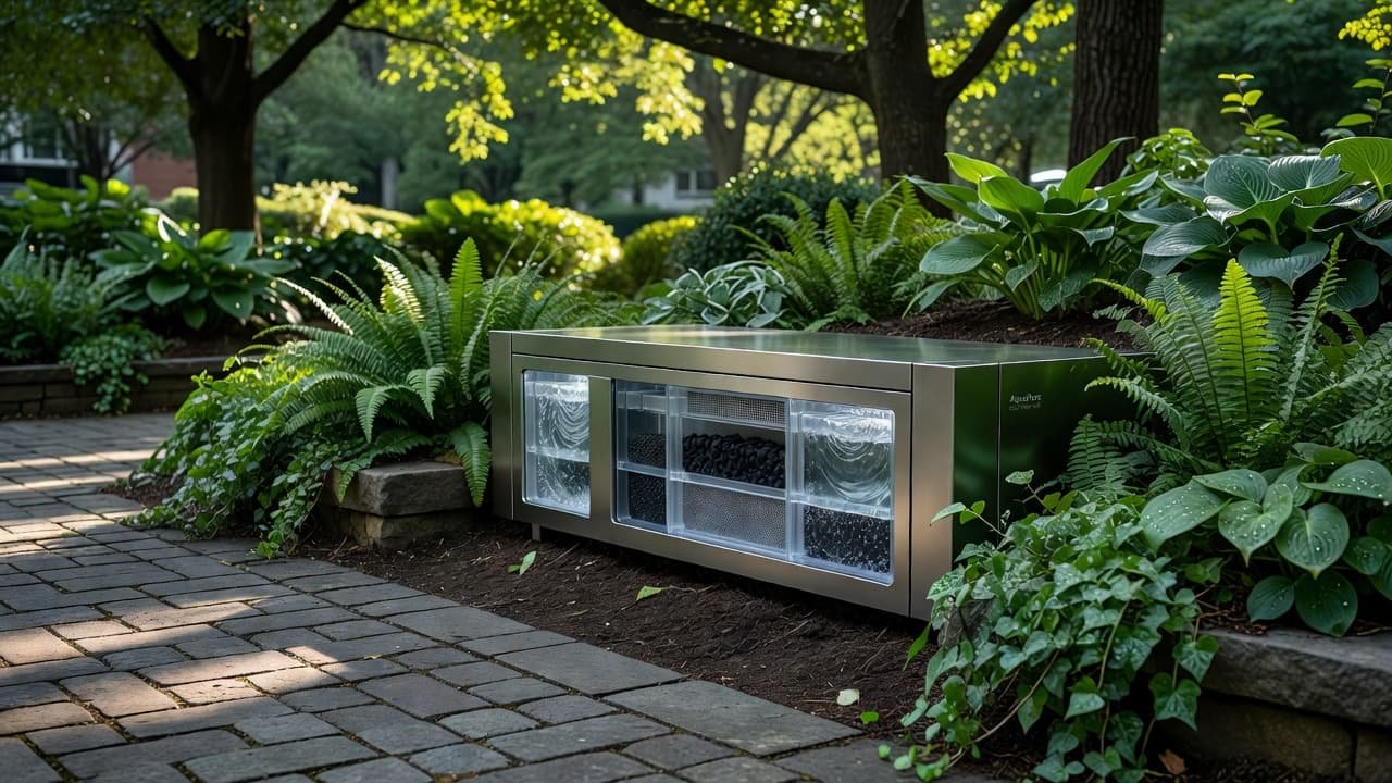 A sleek silver filtration component sits embedded within a lush urban garden. Dense green leaves surround the metallic hardware, while soft sunlight filters through the canopy, highlighting intricate piping and valves.