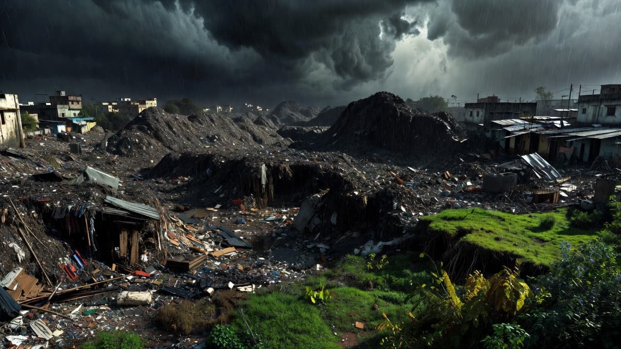 Massive piles of refuse dominate the foreground under dark, heavy rain clouds. Saturated green vegetation struggles to grow along the muddy edges, highlighting the stark contrast between waste and nature.