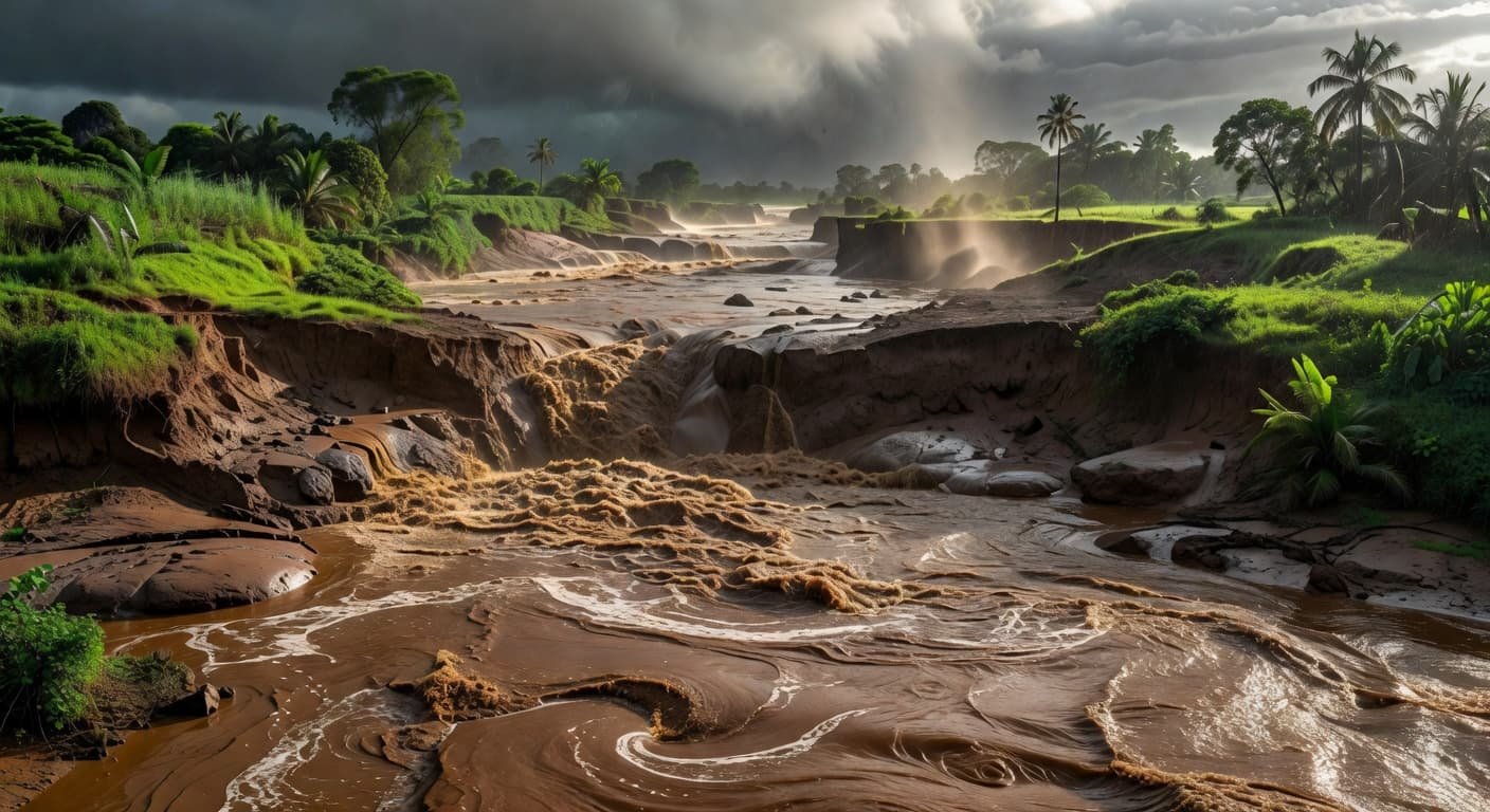 Turbulent brown water surges against raw muddy banks as monsoon rains churn up heavy river sediment. Lush saturated greenery clings to the sloping embankments under dramatic, high-contrast stormy sky light.