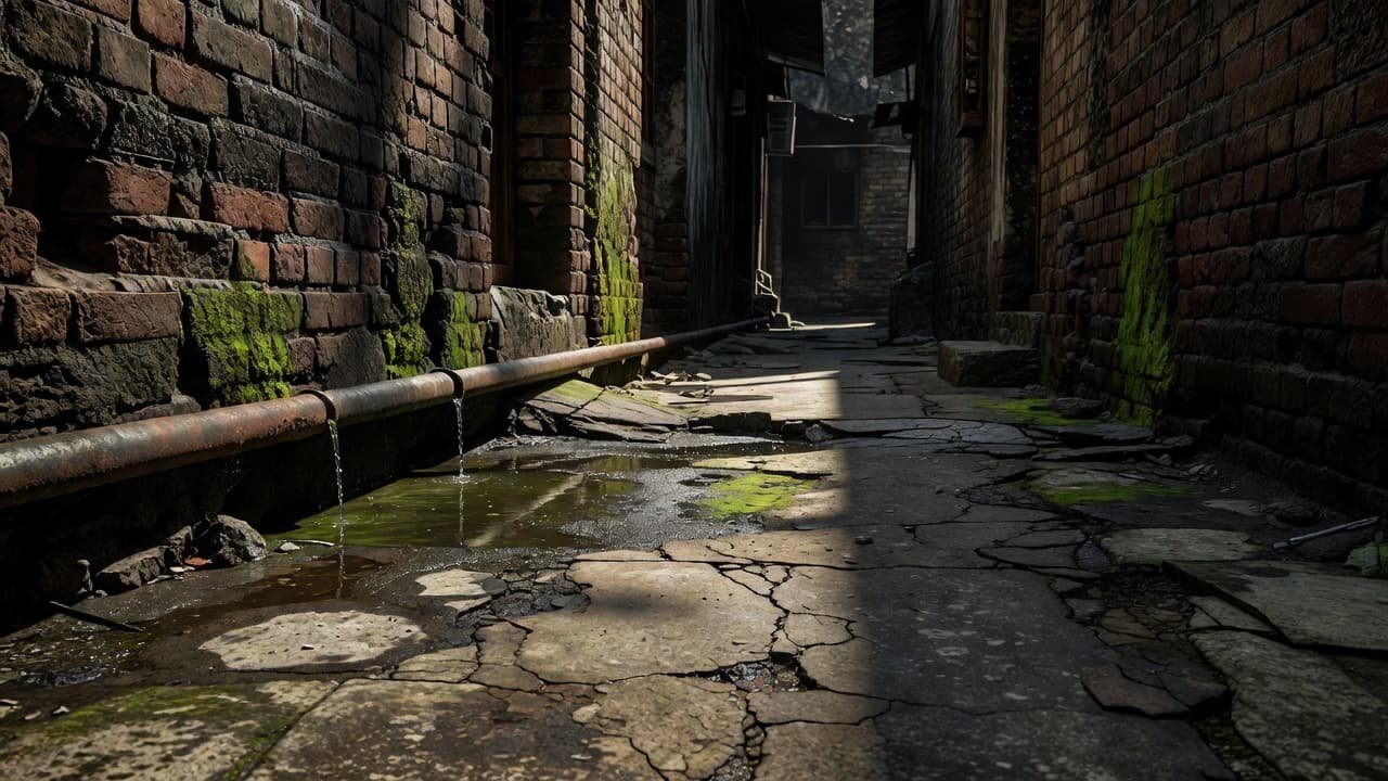 Cracked concrete flooring surrounds a rusty metal water pipe within a narrow Indian alleyway. Weathered brick walls frame the scene, featuring deep shadows and patches of vivid green mossy growth.