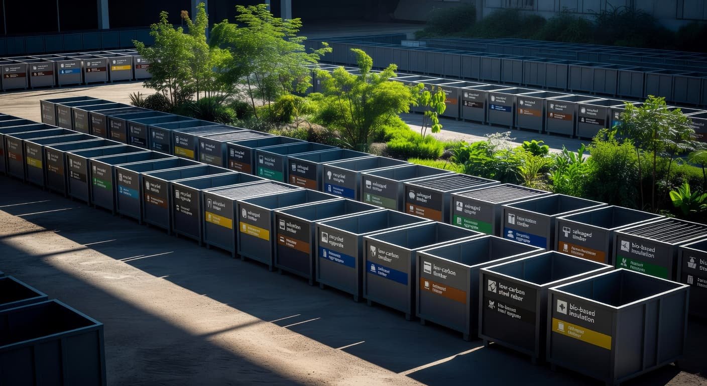 Multiple color-coded waste bins stand neatly arranged on a clean concrete foundation. Strong sunlight highlights the textured surfaces, while lush greenery creates a vibrant backdrop for this structured urban renovation project.