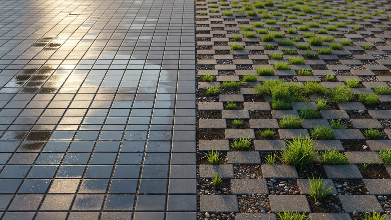 A split view contrasts solid grey urban tiles holding stagnant water against porous paving systems featuring gravel-filled gaps. Vibrant green grass grows through the permeable sections, showcasing effective natural drainage patterns.