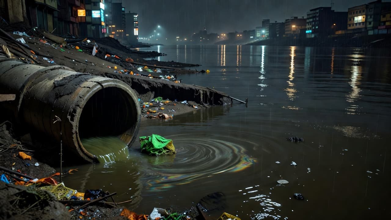 A murky river flows past a large concrete stormwater pipe, which leaks dark fluid into the water. Algae-covered plastic debris provides a sharp contrast against the gloomy, rain-drenched urban environment.