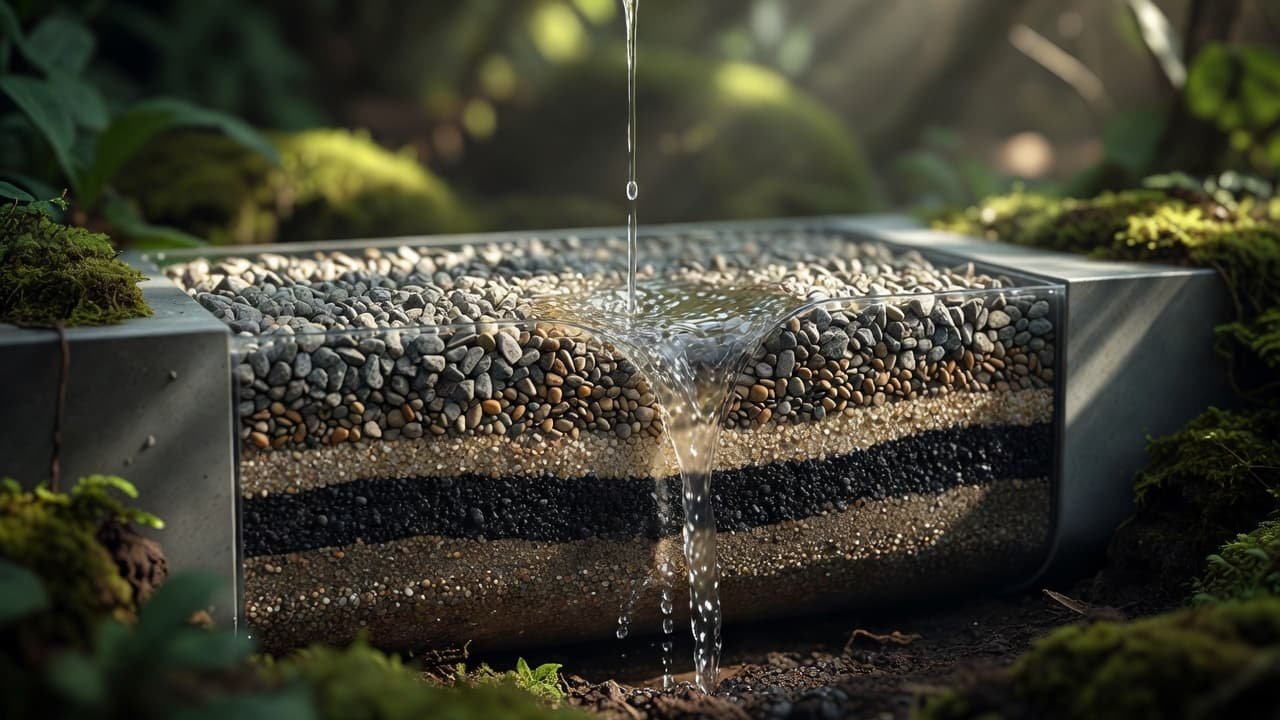 Water flows through layers of gravel and fine sand within a structured cylindrical filter. The cinematic lighting highlights the texture of the sediment and the clarity of the trickling stream.
