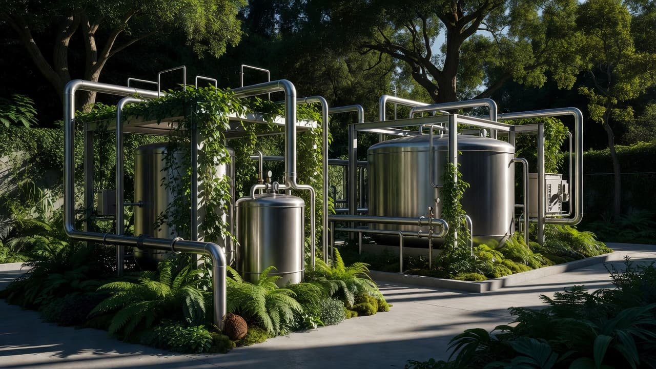 Metallic pipes and industrial tanks are artfully integrated into a lush, green landscape. Natural sunlight highlights the sleek steel textures against vibrant foliage, showcasing a professional eco-friendly waste treatment setup.