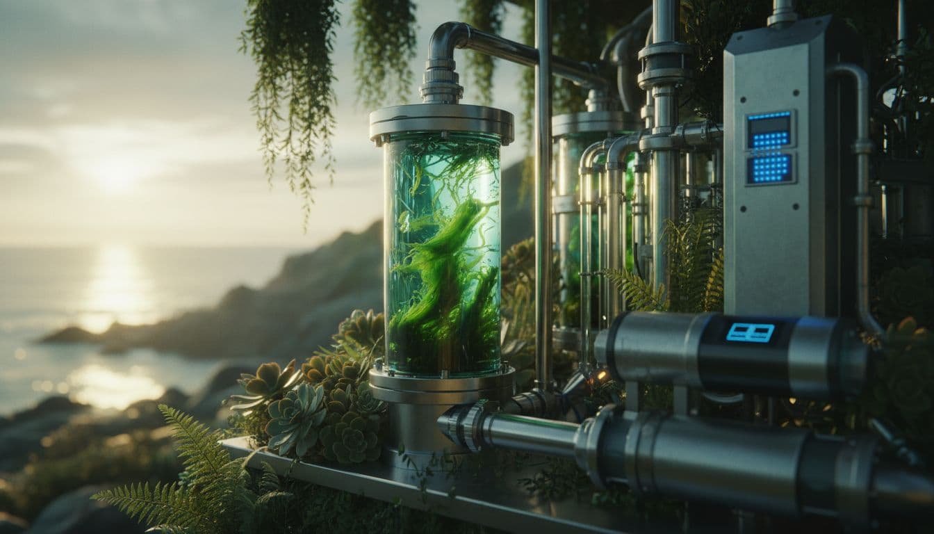 A complex array of industrial pipes and filtration machinery integrates seamlessly with lush green ferns and vines. Bright coastal sunlight illuminates the metallic components against a vibrant, natural plant backdrop.