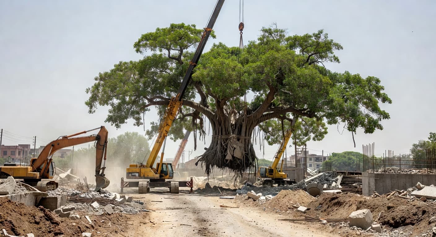 A massive mature tree is suspended mid-air by a crane above a dusty urban road. Surrounding heavy machinery and loose dirt frame the complex struggle of relocating nature through chaotic city infrastructure.