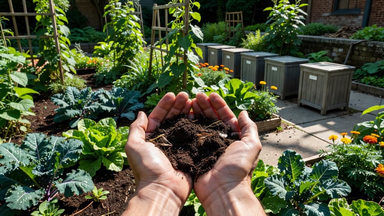 A person holds dark, nutrient-rich soil in their cupped hands above small compost bins. Lush green plants surround the area under bright sunlight that casts deep shadows across the urban garden.
