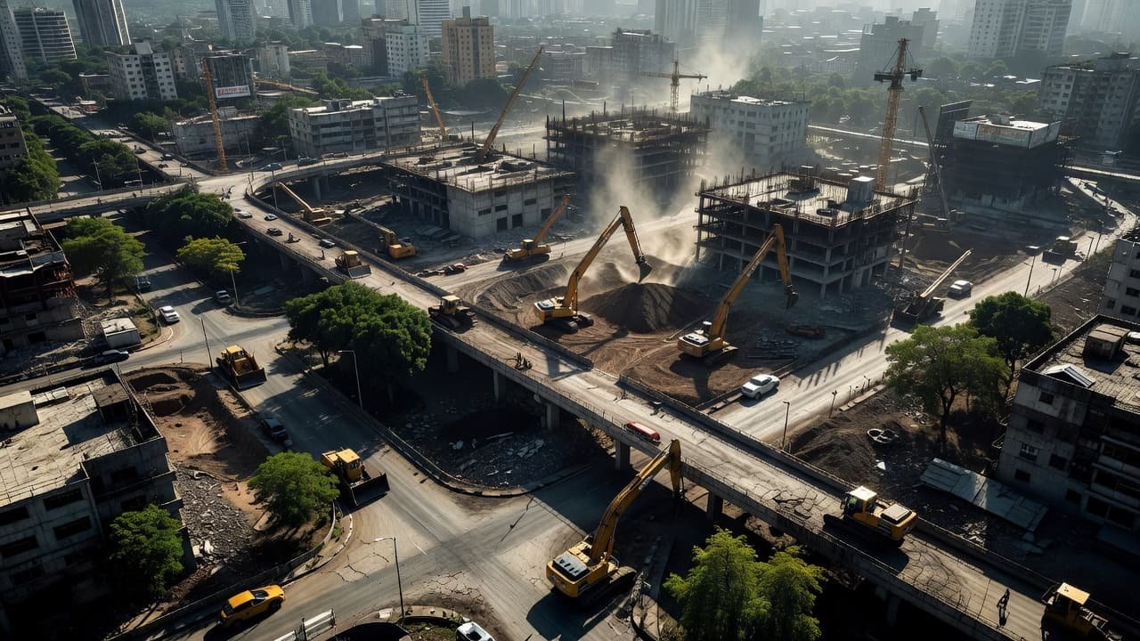 A high-angle view captures dense urban roads weaving through construction zones filled with heavy machinery. Dust motes hang in the air above concrete paths contrasted by small pockets of deep green foliage.