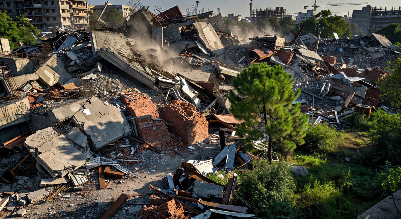 A chaotic heap of broken concrete, red bricks, and twisted metal rods dominates the foreground. A sliver of lush green pine foliage creates a stark, natural contrast against the industrial decay.