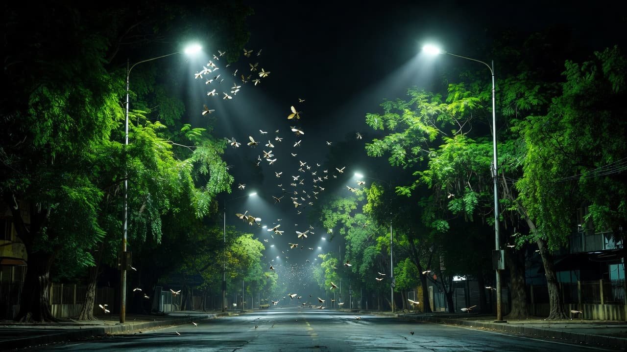 Harsh white streetlights illuminate dense green foliage, casting deep shadows on an Indian street. Countless moths and small insects swarm around the brilliant artificial glow against the dark night sky.