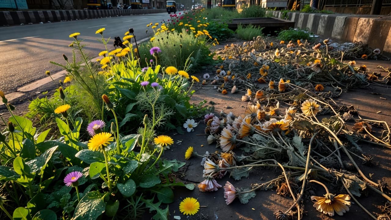 Vibrant native wildflowers grow alongside a dusty Indian city street, featuring sections of lush green stalks abruptly transitioning into withered, brown vegetation where chemical herbicides have been recently applied to control growth.