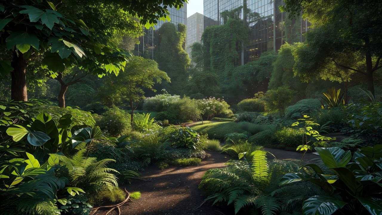 Sunlight filters through the dense canopy of a city park, highlighting lush ferns and mature trees. This thriving pocket of nature provides a vital natural filter for improved local air quality.