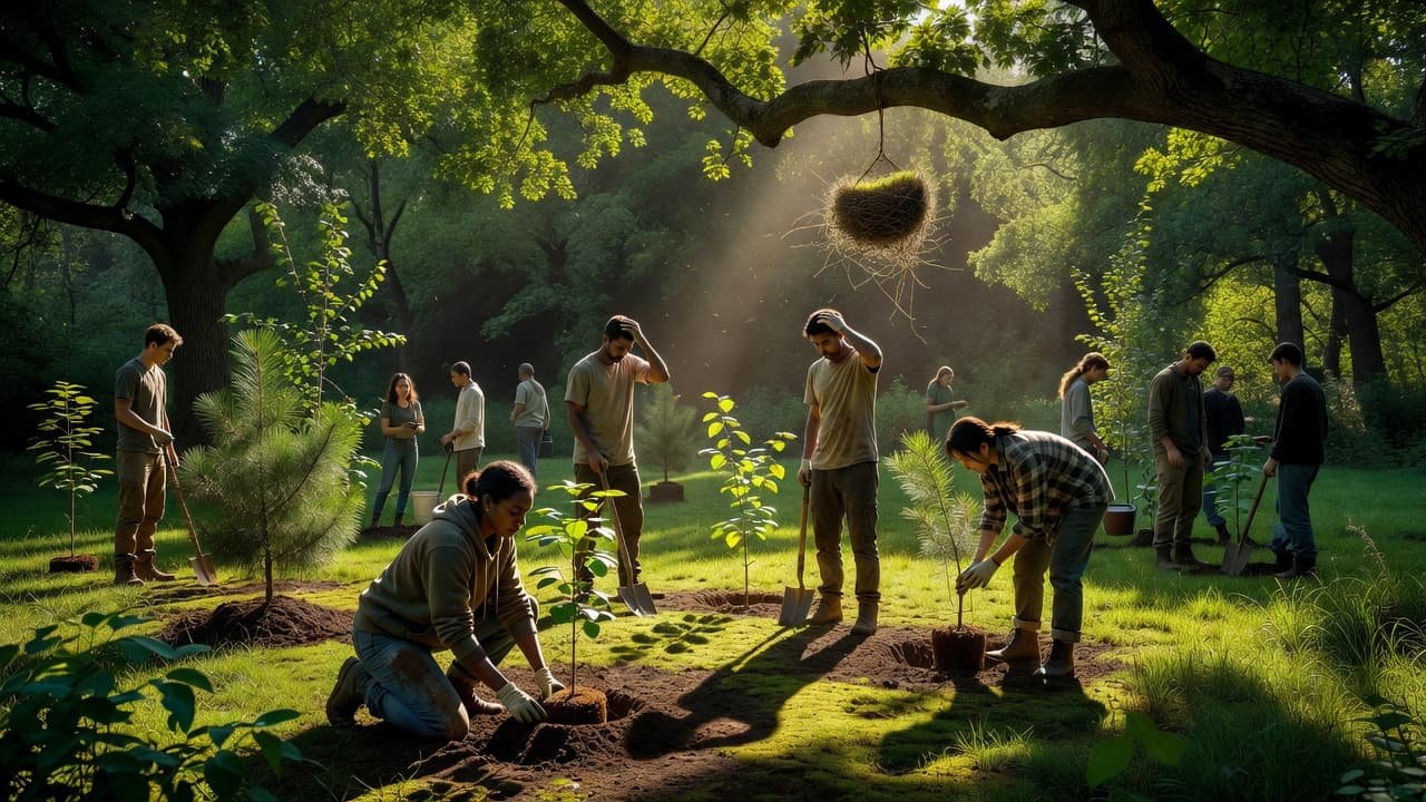Diverse young volunteers carefully plant small green saplings into rich dark soil. A detailed bird nest rests on a sturdy tree branch above the group, set against a lush forest backdrop.