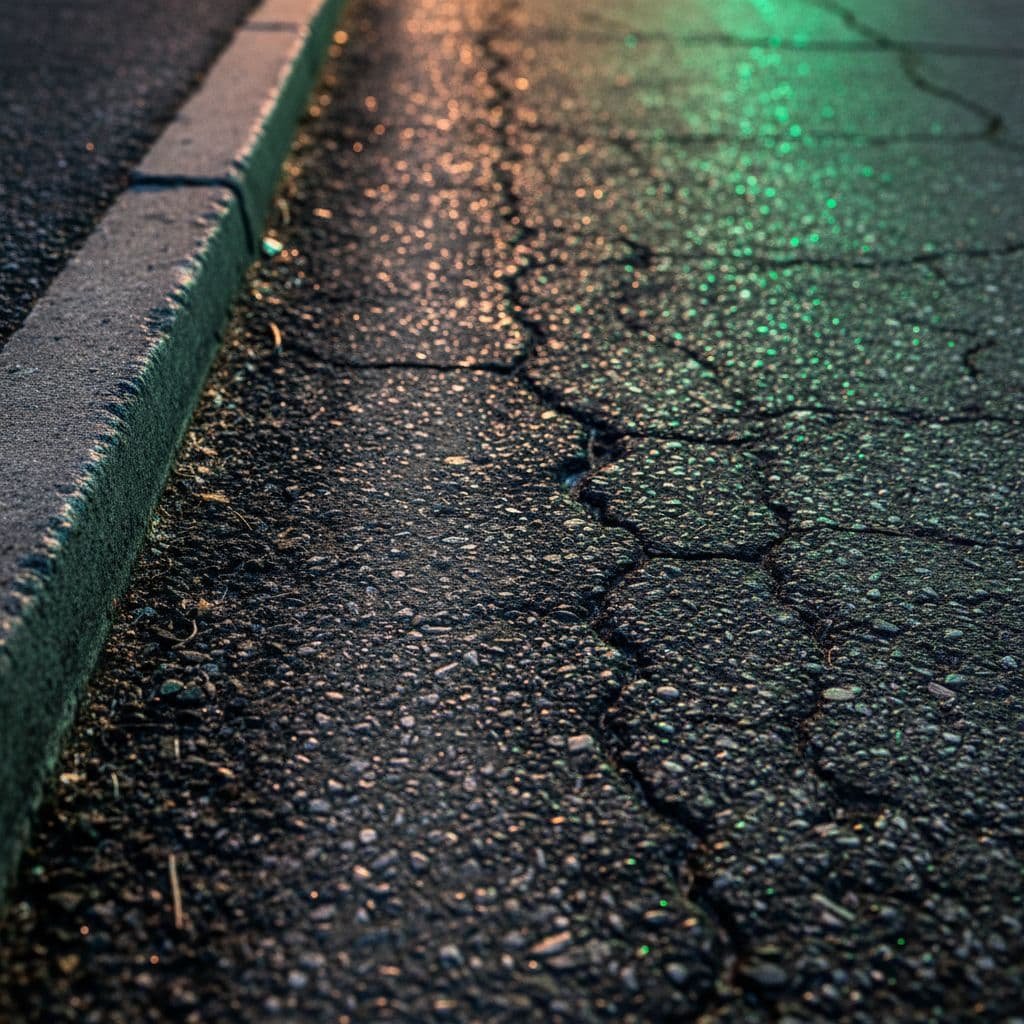 Close-up view of a rugged asphalt road featuring deep shadows and coarse texture. Tiny mineral particles are scattered across the damp surface while soft green light reflects off wet spots.