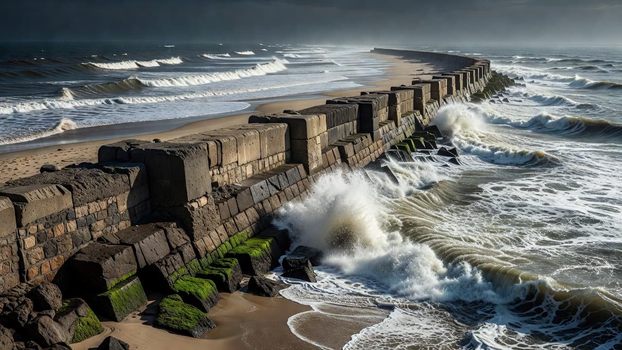 A rugged concrete and stone seawall lines a sandy beach, featuring mossy green patches and deep, high-contrast shadows. Turbulent ocean waves crash violently against the base, creating foam and mist.
