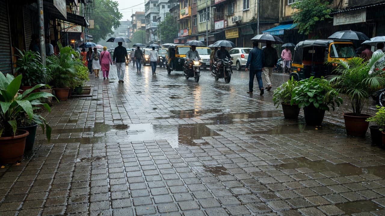 Rainwater gathers on grey concrete paver blocks along a city sidewalk. Potted green plants provide contrast against the textured, water-slicked surfaces that cover the urban ground in this moody scene.
