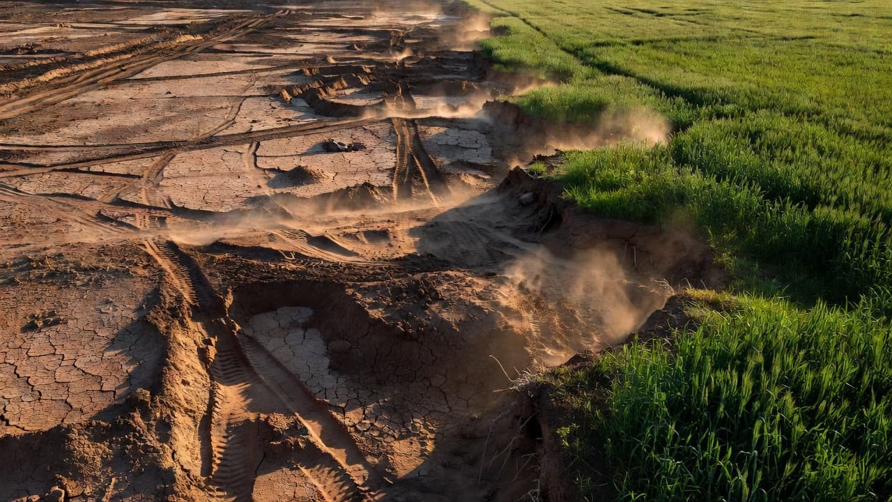 A deep trench cuts through the terrain, revealing exposed clay layers while adjacent farmland remains vibrant and green. The stark contrast illustrates the direct ecological impact of industrial soil removal processes.