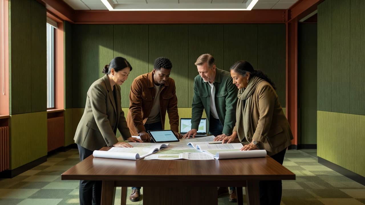 Four individuals gather around a large table examining complex environmental reports and maps. The room features dark earth-tone walls and vibrant green foliage, highlighting a professional yet collaborative planning atmosphere.