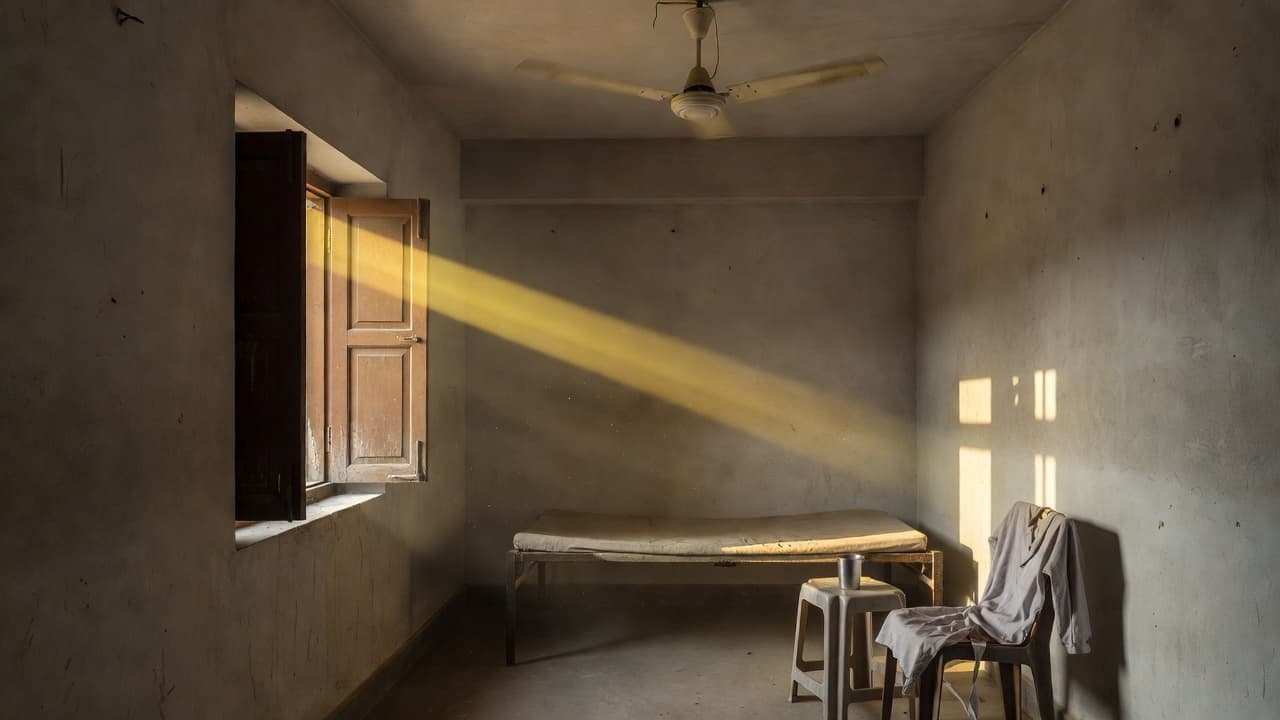 A simple apartment room with a ceiling fan and sunlight streaming through a wooden shutter.