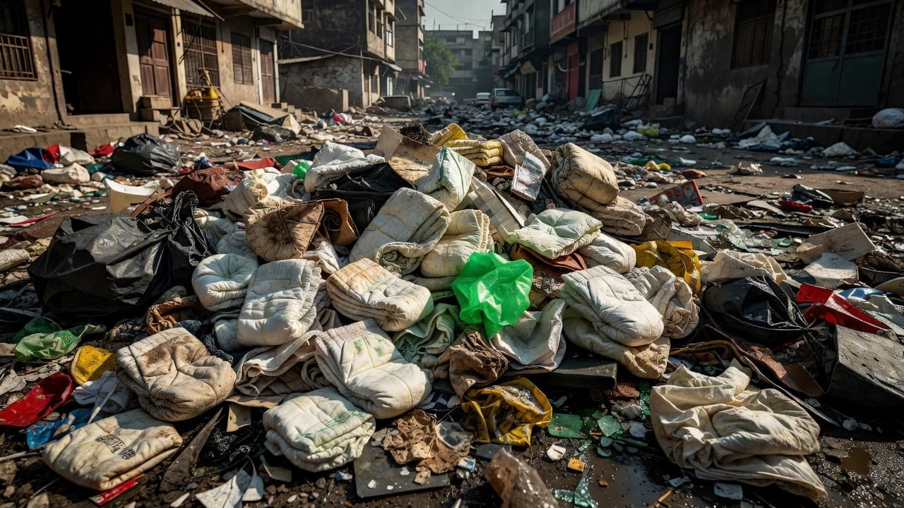 Used disposable diapers scattered among municipal waste on an urban Indian street.