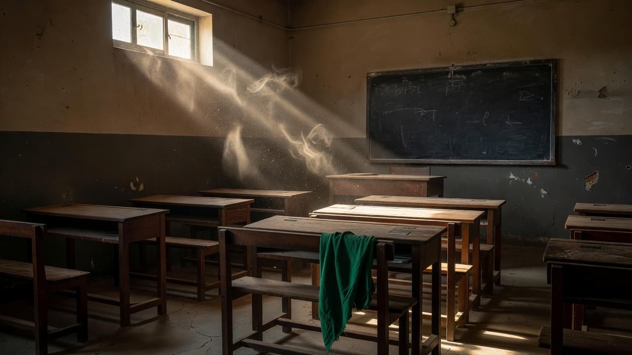 Sunbeams cast light on floating chalk dust inside a dimly lit classroom with wooden desks.