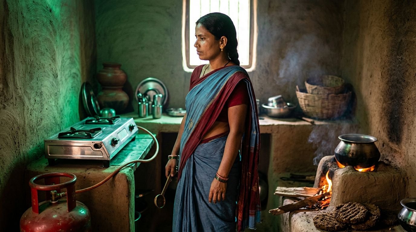 A woman stands between a clean LPG stove and a smoky traditional clay chulha.