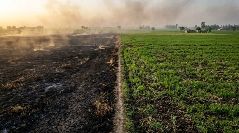 An aerial split view of a burned agricultural field beside a healthy green crop.