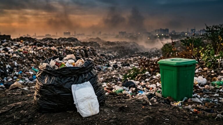 A discarded diaper and black waste bag sitting in a hazy Indian landfill at dusk.
