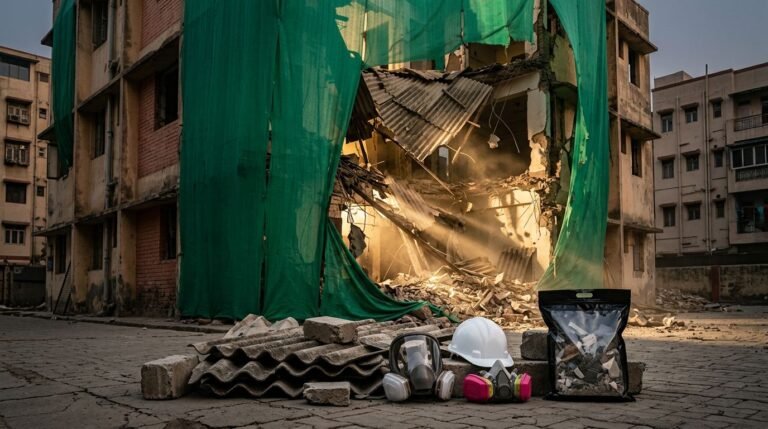 A respirator and hard hat rest on the ground in front of a building demolition site with broken roofing.